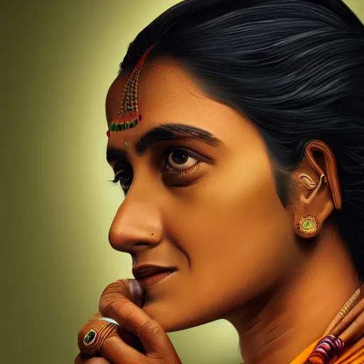 Prompt: portrait of an Indian woman with a computer chip in the back of her head, headshot, detailed, fantasy, trending on artstation