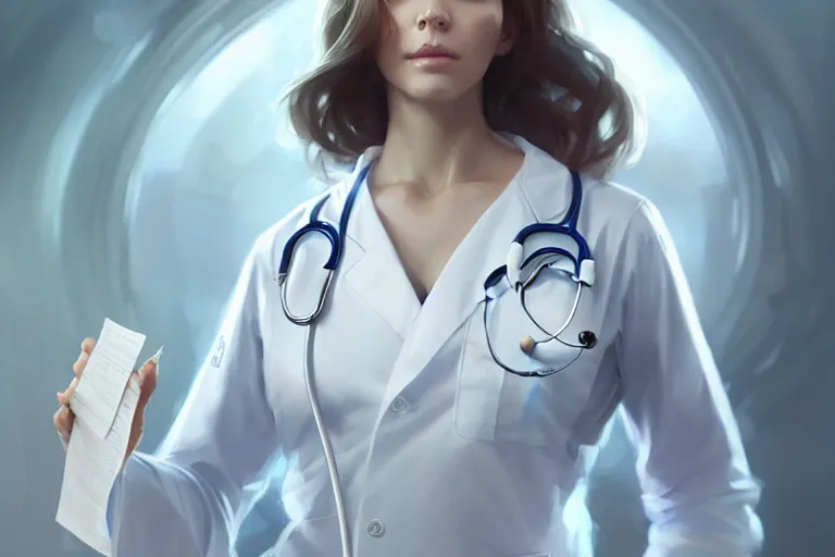 Image similar to an elegant and beautiful female doctor in a white coat in a ward, cinematic, highly detailed, digital painting, artstation, concept art, matte, sharp focus, illustration, art by artgerm and greg rutkowski