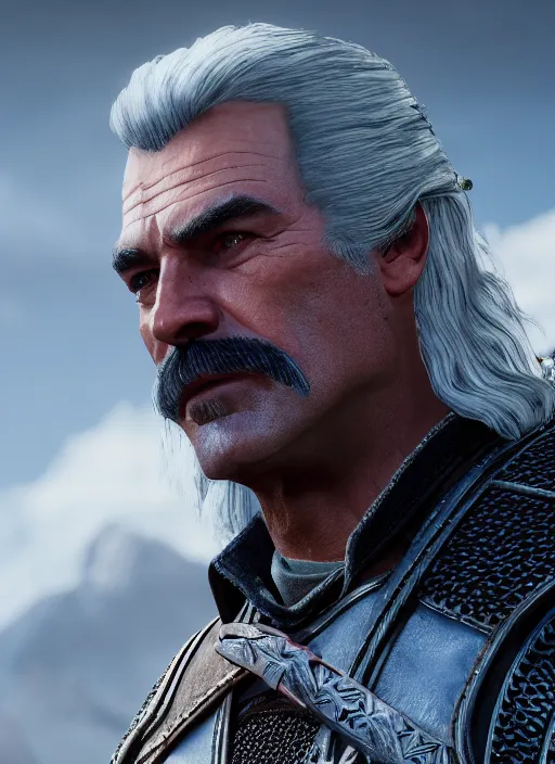 Image similar to film still of tom selleck as geralt of rivia in the witcher 3, gameplay, 8 k, hd