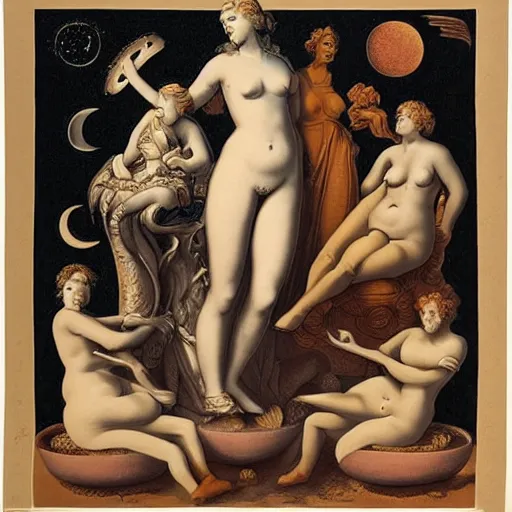 Prompt: the print shows venus seated on a crescent moon. she is surrounded by the goddesses ceres and bacchus, who are both holding cornucopias. pale by nagel patrick, by marco mazzoni, by miriam schapiro apocalyptic, rendered in unrealengine