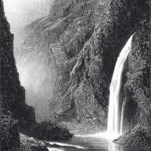 Prompt: waterfall scene, gustave dore lithography