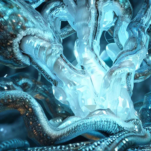 Image similar to tentacles coming out of a crystal geode, octane render, unreal engine, highly detailed, ultra detailed, ultra realistic, trending on artstation