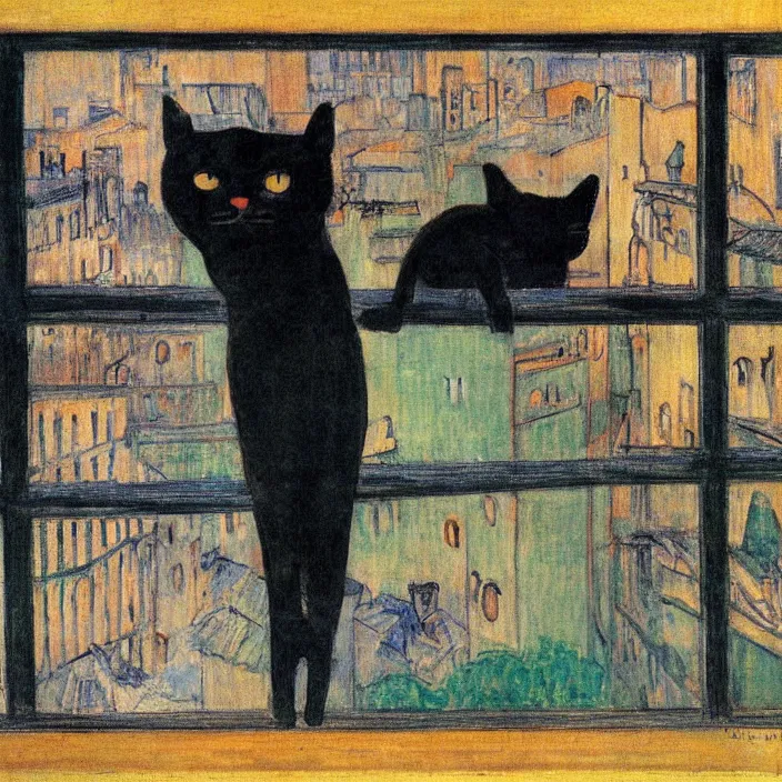Prompt: city seen from a window frame. fuzzy black cat. henri de toulouse - lautrec, utamaro, matisse, felix vallotton, monet