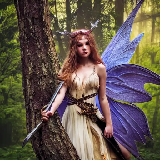 Image similar to magazine photo shoot of a fairy princess holding a sword, art photography, cinematic lighting, epic, fantasy, beautiful, stunning, gorgeous