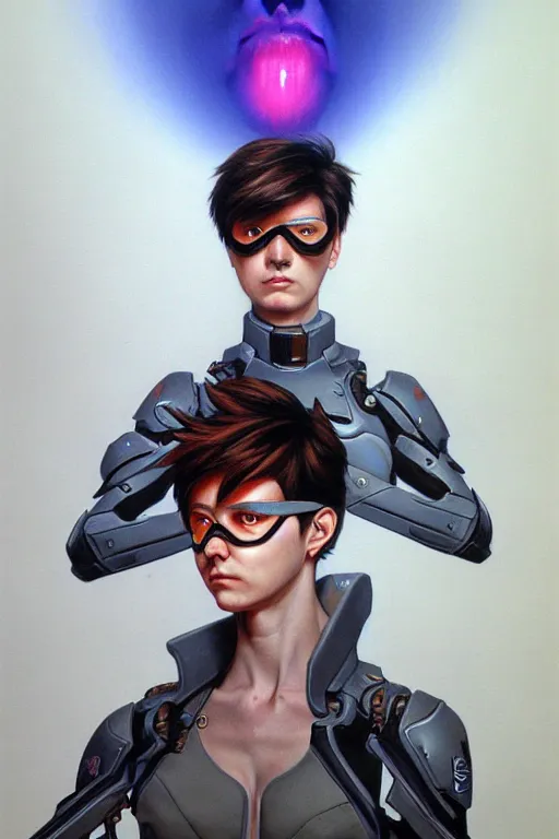 Prompt: tracer from overwatch portrait, painted by wayne barlowe