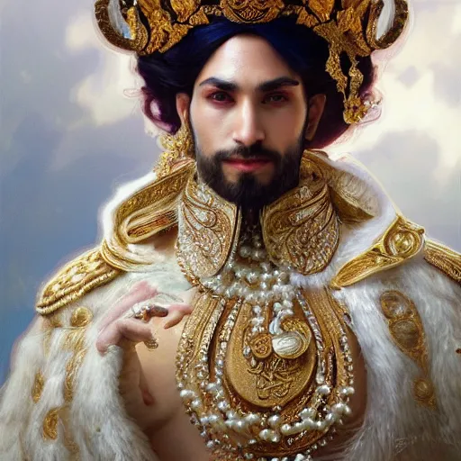 Image similar to a realistic king with decorated clothes made of white pearls and white plumes of swan, highly detailed, digital painting, Trending on artstation , HD quality, by artgerm and greg rutkowski and alphonse mucha, dramatic light, octane