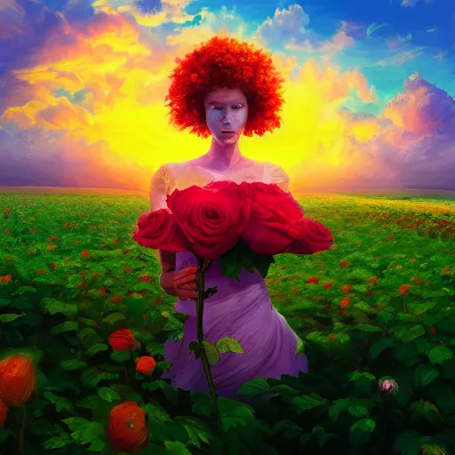 Prompt: giant rose in front of face and head, girl frontal in a flower field, surreal photography, sunrise dramatic light, impressionist painting, colorful clouds, digital painting, artstation, simon stalenhag