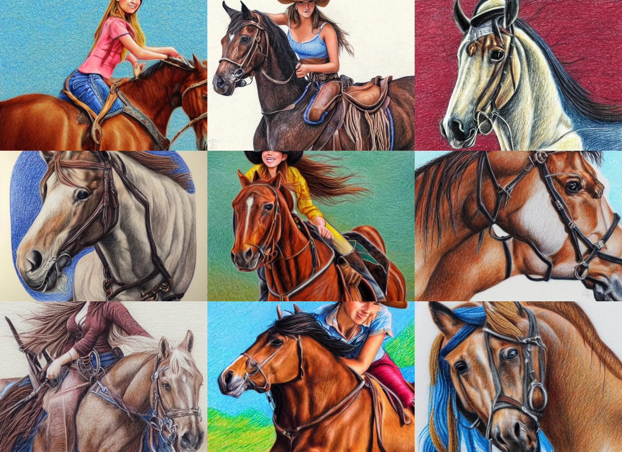 Prompt: detailed colored pencil drawing beautiful cowgirl beautiful face riding a horse