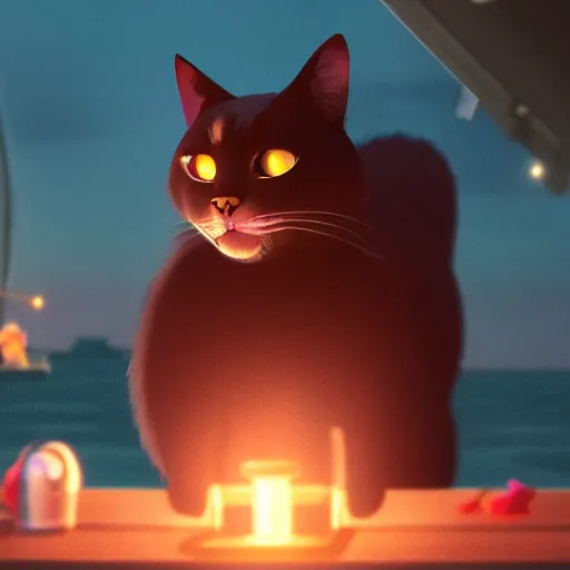 Prompt: a wholesome animation key shot of a black cat! on a boat! close to the shore in the night, medium shot, studio ghibli, pixar and disney animation, sharp, rendered in unreal engine 5, anime key art by greg rutkowski, bloom, dramatic lighting