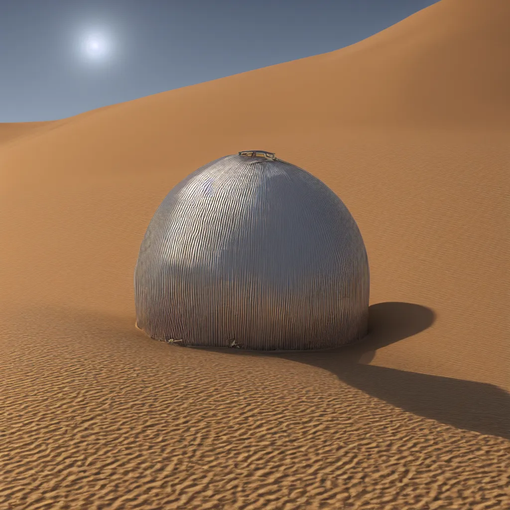 Prompt: a beautiful chrome metal detailed intricate hut in the namibia sand dunes. bright high contrast cinematic lighting highly detailed resolution octane render 8 k