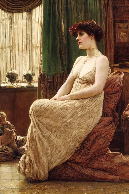 Image similar to a still of ashley graham in a lawrence alma tadema romantic painting