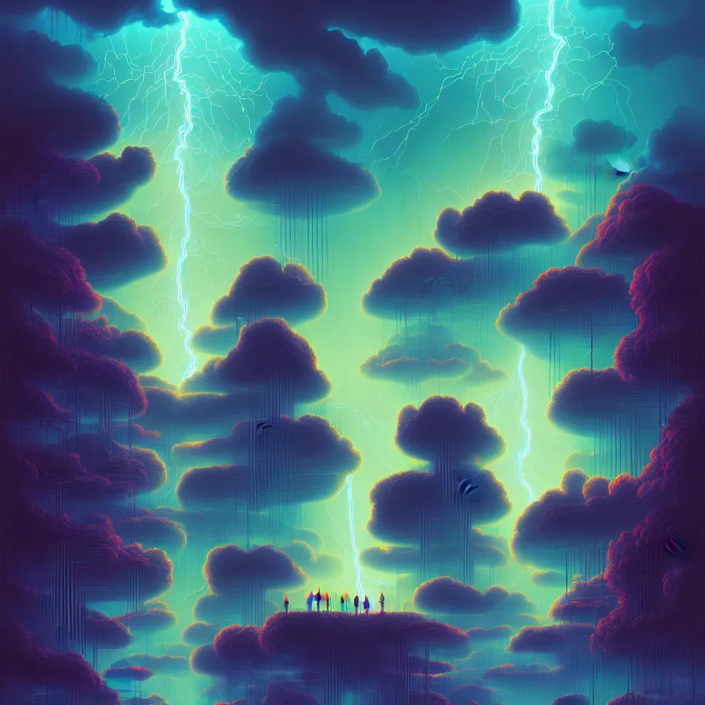 Image similar to illustration of a data-center architecture schema, connector, firewall, cloud, security, river, trees, thunderstorm, trending on Artstation, painting by Jules Julien, Leslie David and Lisa Frank and Peter Mohrbacher and Alena Aenami and Dave LaChapelle muted colors with minimalism