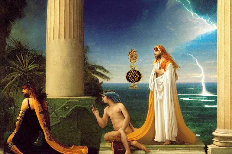 Image similar to The High Priestess on front of balustrade and palace columns, refracted lightnings on the ocean, thunderstorm, tarot cards characters, beach and Tropical vegetation on the background major arcana sky and occult symbols, by paul delaroche, hyperrealistic 4k uhd, award-winning, very detailed paradise