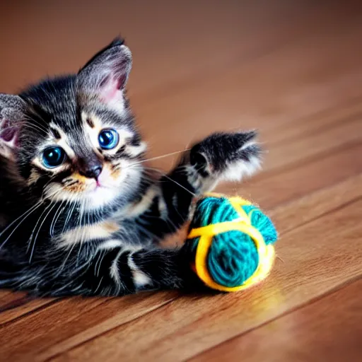 Image similar to small tortoiseshell colored kitten playing with a ball of yarn, sun rays, hardwood floor