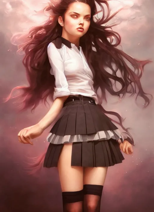 Image similar to a beautiful woman with school uniform, seifuku, pleated miniskirt, overknee socks, adriana lima, painted by artgerm and tom bagshaw, fantasy art, dramatic lighting, highly detailed oil painting, volumetric lighting