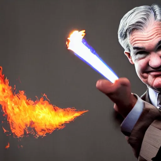 Image similar to photo of Jerome Powell with whiteface clown makeup using a flamethrower projecting a long flame, highly-detailed