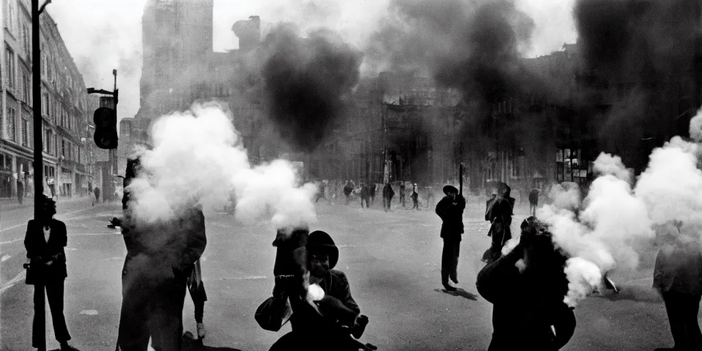 Image similar to street photo, revolution, smoke on the street, a thousands of people closeup, film photography, exposed b & w photography, christopher morris photography, bruce davidson photography, peter marlow photography