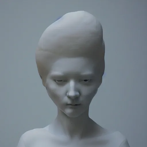 Image similar to female porcelain sculpture by daniel arsham and raoul marks, smooth, full head, all white features on a white background, detailed white 3 d giant poppies on the head