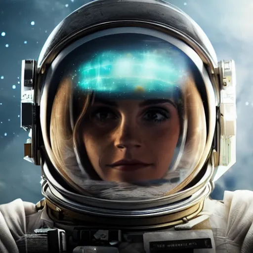 Prompt: excited emma watson's face inside astronaut's helmet, reflecting stars and galaxies, high detail, smooth, sharp focus, cgsociety, artstation, illustration, unreal engine, 8 k, 4 k