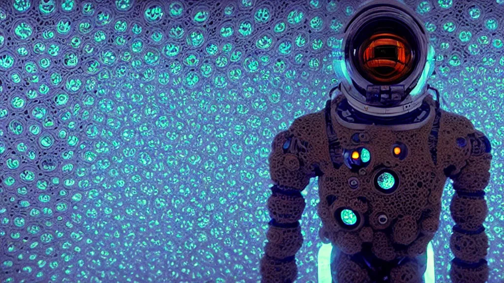 Image similar to a cybernetic symbiosis of a single astronaut mech-organic eva suit made of pearlescent wearing knitted shiny ceramic multi colored yarn thread infected with diamond 3d fractal lace iridescent bubble 3d skin dotted covered with orb stalks of insectoid compound eye camera lenses floats through the living room, film still from the movie directed by Denis Villeneuve with art direction by Salvador Dalí, wide lens,kevlar,carbon fiber,ceramics,gaseous materials,