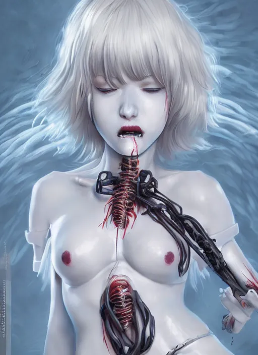 Image similar to rei ayanami horror version, fluent composition, concept art, ambient light, 4 k, intricate details, highly professionally detailed, cgsociety, highly detailed -