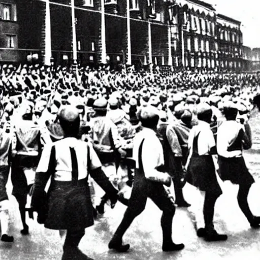 Prompt: minions in ss uniforms at the parade of the third reich during the great sweep,
