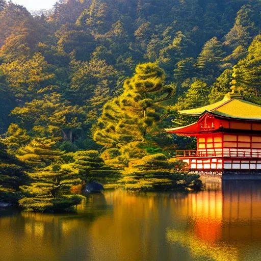 Image similar to Photo of ginkakuji temple, golden hour, golden ratio, beautiful, cinematic, 8k,