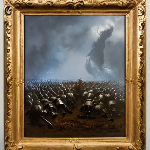 Image similar to oil painting of a ground covered in medieval silver soldier corpses, war, storm dawn, by Frank Frazetta, by Georgia O Keeffe sfumato, realistic