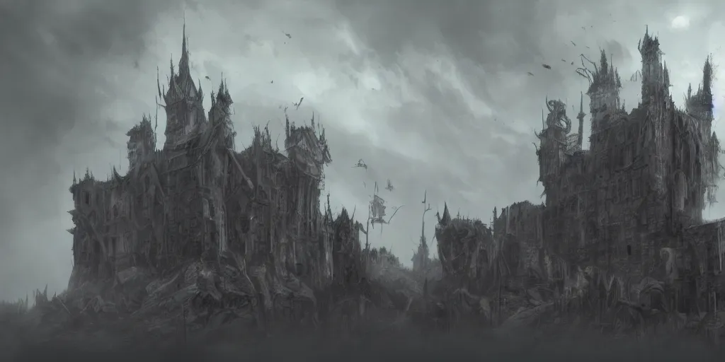 Image similar to grimdark fantasy fortress, ruined, terrifying architecture, looming, dark, fog, dark souls, artstation