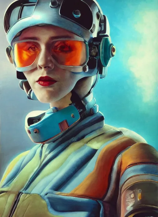 Prompt: symmetry!!! closeup portrait of a cyborg pilot girl in a cockpit, fashion racing jumpsuit with shiny shoulder pads, cinematic light, windy, teal orange, volumetric smoke, mist, by gerald brom, by mikhail vrubel, by peter elson, muted colors, extreme detail, trending on artstation, 8 k