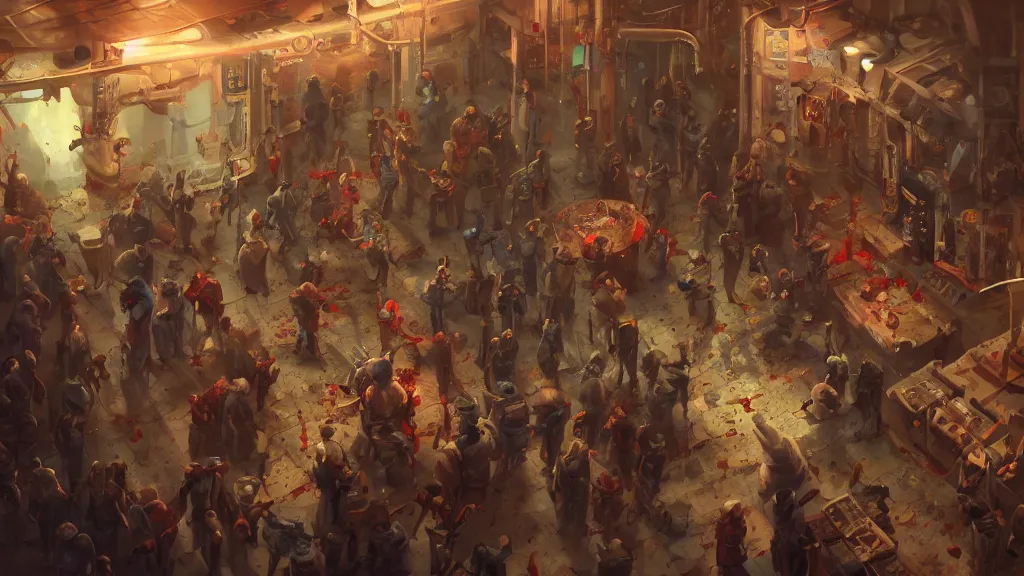 Image similar to a bar located in a bustling space station, blood on the floor and people rushing down the hallways, a red alert blares, a clown is in the center of the bar causing trouble, fantasy, marc simonetti, anato finnstark, randy vargas, diego gisbert llorens, bayard wu, fantasy concept art, trending on artstation, 4k,