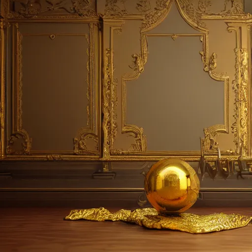 Image similar to A valuable golden object sits undamaged in the middle of an explosion damaged Victorian Art Nouveaux apartment amid the Fog of War, octane render