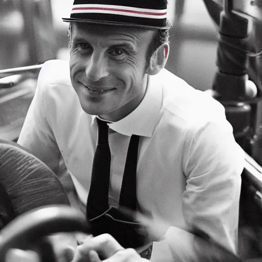 Prompt: Emmanuel Macron on a steamboat, dressed like 1912 ship captain, 50mm photography, high quality, 4K