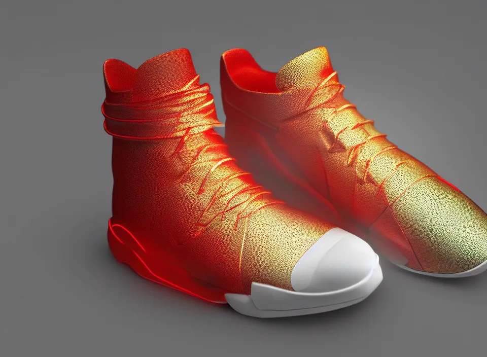 Image similar to realistic 3 d render of a minimalist futuristic sneaker, beautiful studio lighting, soft, sharp focus, neon cyberpunk highlights, intricate detail, gold and red metal, soft rubber, textured plastic, octane render, side view, close up, trending on artstation, deviantart, nike, adidas, converse, reebok, salomon