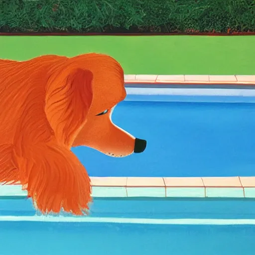 Image similar to close-up of a red dog at pool, painting by david hockney