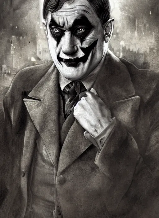Prompt: a still of Hitler as the Joker in Joker 2020, realistic, Gotham city, sigma male, accurately portrayed, portrait art by alphonse mucha and greg rutkowski, highly detailed, digital painting, concept art, illustration, dim lighting with twilight rays of sunlight, trending on artstation, very detailed, smooth, sharp focus, octane render, close up