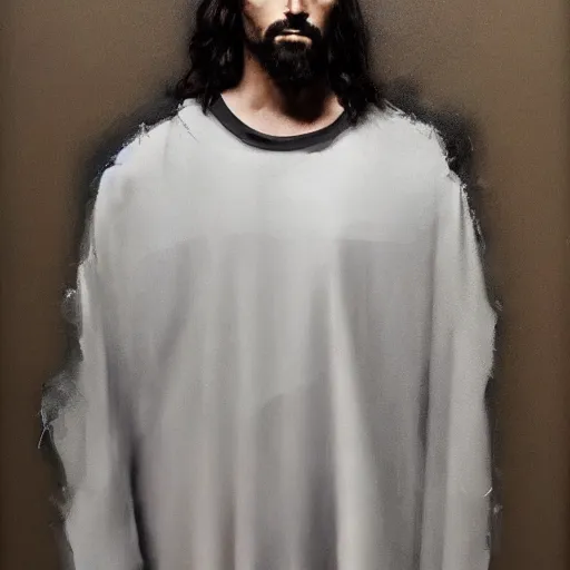 Image similar to a full body portrait of modern day jesus wearing yeezy menswear collection by nicola samori, oil painting, smudges, realistic, 8 k, yeezy collection