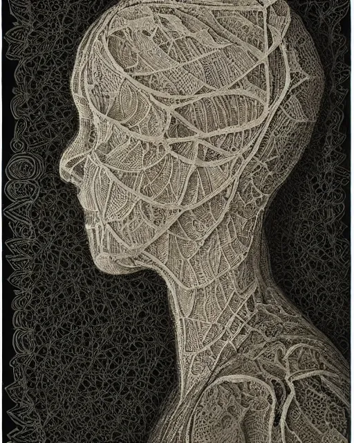 Image similar to a woman's face in profile, made of intricate lace leaf skeleton, in the style of the dutch masters and gregory crewdson, dark and moody