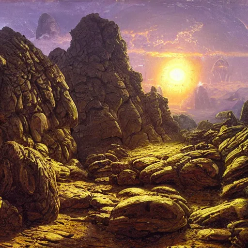 Prompt: painting of hr giger artlilery scifi organic shaped rocky terrain with ornate metal work lands on a farm, fossil ornaments, volumetric lights, purple sun, andreas achenbach