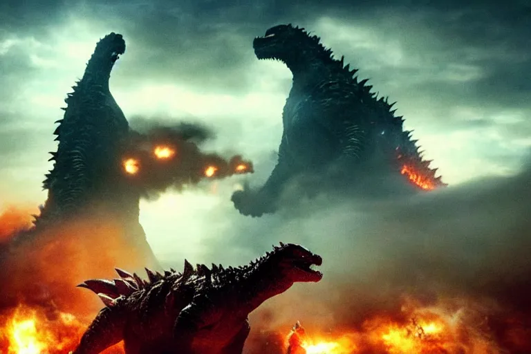 Image similar to two godzillas!!! sitting in the living room!!! couch!!! playing playstation in the couch, sitting with playstation controllers, playing videgames, in the living room, cinematic, epic lighting, still shot from the new godzilla movie