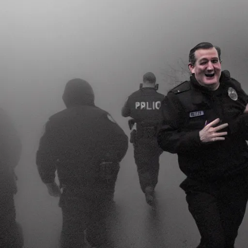 Image similar to Ted Cruz with a wide grin being chased down by multiple police officers, black and white, creepy lighting, foggy atmosphere, scary, horror, ornate, eerie, fear