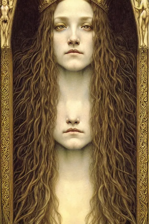 Image similar to detailed realistic beautiful young medieval queen face portrait by jean delville, gustave dore and marco mazzoni, art nouveau, symbolist, visionary, gothic, pre - raphaelite. horizontal symmetry