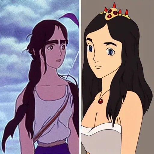 Image similar to side by side comparison : animated princess mononoke by studio ghibli, vs. live action princess mononoke starring megan fox