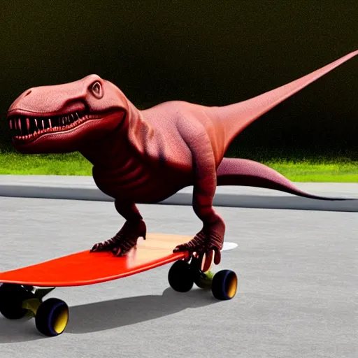 Image similar to t-rex surfing on tricks on a skateboard, raytracing, 4k