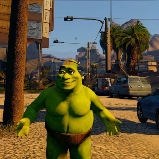Prompt: Shrek in GTA V, Covert art by Stephen Bliss, Boxart, loading screen