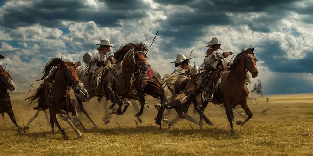 Prompt: promotional movie still of an action shot from the battle of little bighorn, majestic horses, desperate action, dramatic natural light, hdr, cinematic, extremely high detail, photorealistic, cinematic lighting, 4 k, 8 k, imax 7 0 mm, iso 4 0 0, hq