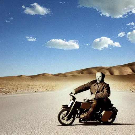 Image similar to a picture of vladimir lenin riding a motorbike, desert road, blue skies, realistic