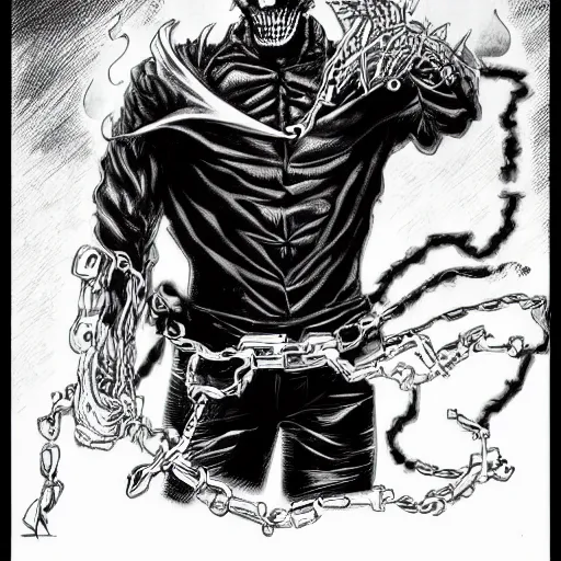 Image similar to Nikolas Cage as a Ghost Rider by Kentaro Miura, highly detailed, black and white