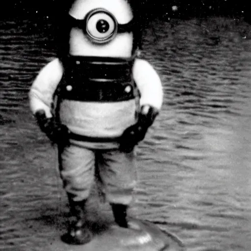 Image similar to old creepy black and white photograph of a minion in deep sea diving gear