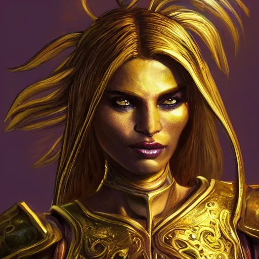 Image similar to bright, colorful, realistic, detailed from Elder Scrolls: shivering isles concept art golden saint a warrior woman with skin and hair made of bright and shiny gold backlighting, kodachrome, high contrast, highly detailed, sharp focus, digital painting, concept art, illustration, trending on artstation, comic book by Alex Ross and Adam Adamowicz cover art